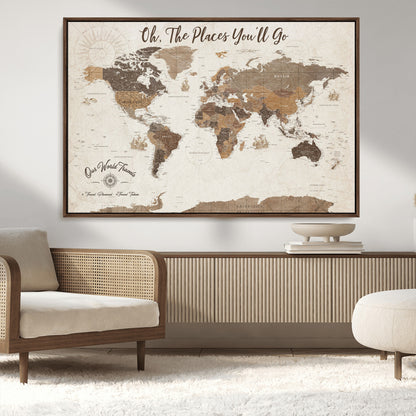 14140137-MGV-CV-36X24-Personalized World Map Wall Art – Vintage Nautical Adventure Map with Ships and Compass, Rustic Sepia Tones for Travel Lovers and