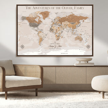 34289723-MGV-CV-36X24-Personalized World Map Wall Art – Elegant Beige and Brown Adventure Map Canvas Print for Family Home, Living Room, Study or Office
