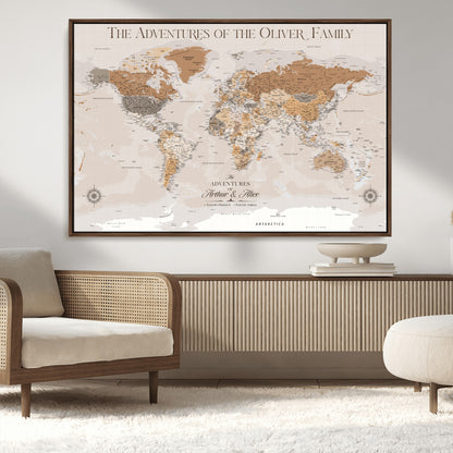 34289723-MGV-CV-36X24-Personalized World Map Wall Art – Elegant Beige and Brown Adventure Map Canvas Print for Family Home, Living Room, Study or Office