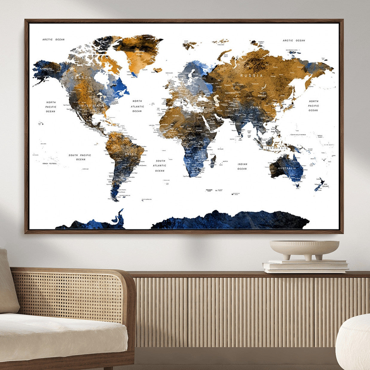 MGV-FC-36X24 - World Map Wall Art Canvas Print, Framed Blue Gold Map Art Picture Print, Rustic Atlas Perfect Rustic Modern Decor Artwork