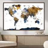 MGV-FC-36X24 - World Map Wall Art Canvas Print, Framed Blue Gold Map Art Picture Print, Rustic Atlas Perfect Rustic Modern Decor Artwork