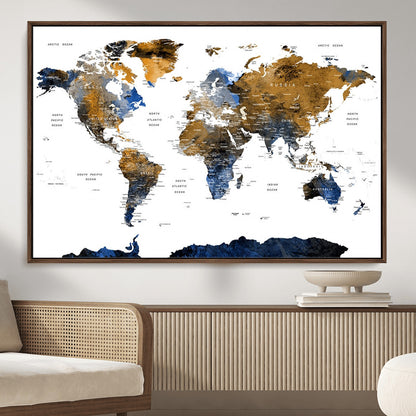 MGV-FC-36X24 - World Map Wall Art Canvas Print, Framed Blue Gold Map Art Picture Print, Rustic Atlas Perfect Rustic Modern Decor Artwork