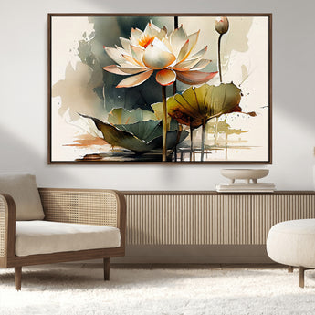 46359-MGV-FC-36X24_Walnut-Lotus Blossom Wall Art Canvas Print, Framed Water Lily Art Picture Print, Zen Flower Perfect Zen Botanical Decor Artwork