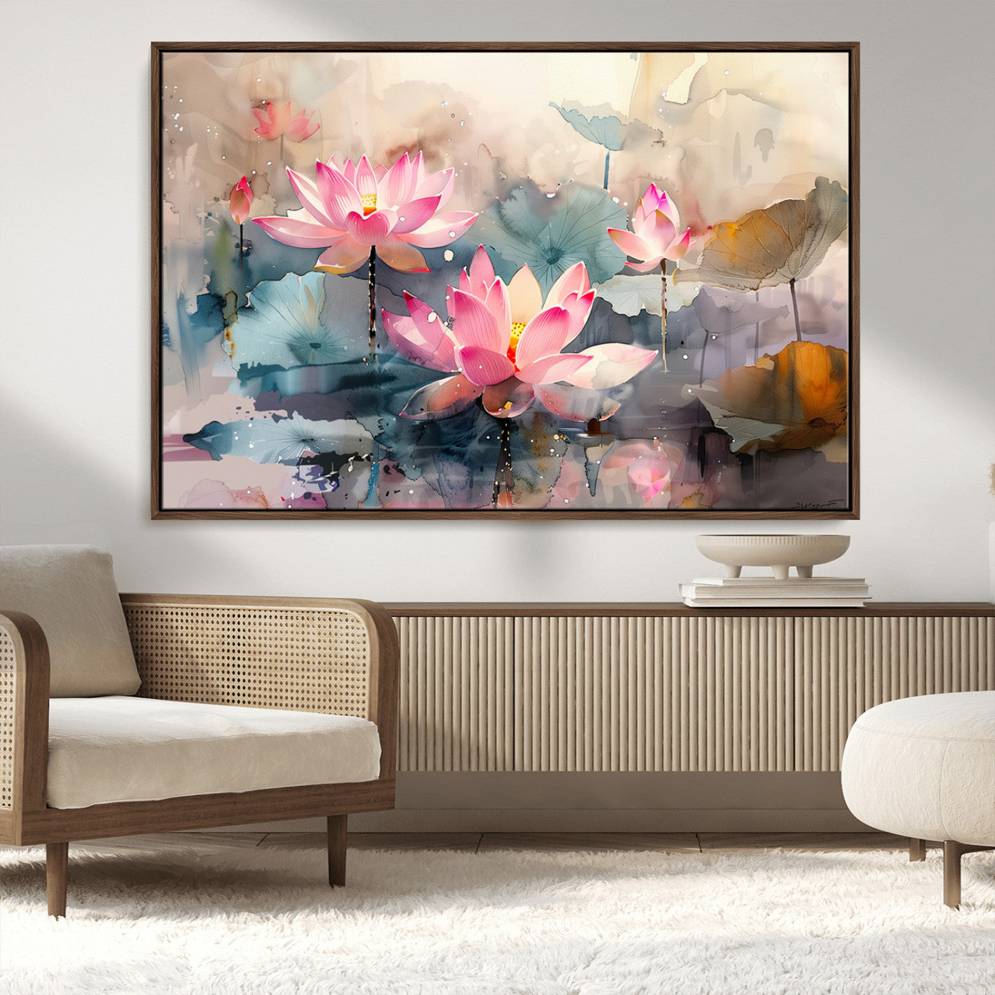 18414-MGV-FC-36X24_Walnut-Pink Lotus Wall Art Canvas Print, Framed Water Lily Art Picture Print, Dreamy Floral Perfect Dreamy Botanical Decor Artwork