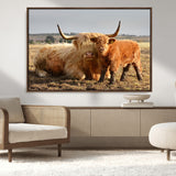 88780-MGV-CV-36X24-Highland Cow Wall Art Canvas Print, Framed Cow Calf Art Picture Print, Scottish Cattle Perfect Rustic Farmhouse Decor Artwork