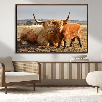 88780-MGV-CV-36X24-Highland Cow Wall Art Canvas Print, Framed Cow Calf Art Picture Print, Scottish Cattle Perfect Rustic Farmhouse Decor Artwork