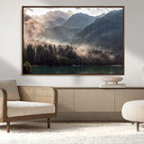 64758-MGV-CV-36X24-Misty Mountains Wall Art Canvas Print, Framed Moody Pines Art Picture Print, Forest Lake Perfect Moody Alpine Decor Artwork