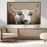 63550-MGV-FC-36X24_Walnut-Texas Longhorn Wall Art Canvas Print, Framed White Bull Art Picture Print, Horned Cattle Perfect Rustic Western Decor Artwork