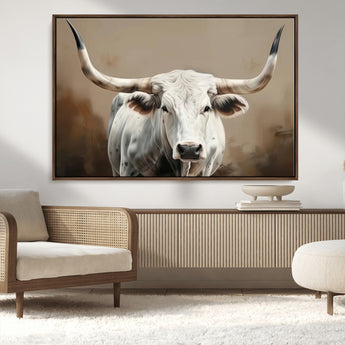 63550-MGV-FC-36X24_Walnut-Texas Longhorn Wall Art Canvas Print, Framed White Bull Art Picture Print, Horned Cattle Perfect Rustic Western Decor Artwork