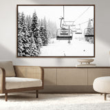 49274-MGV-CV-36X24-Snowy Forest Wall Art Canvas Print, Framed Ski Lift Art Picture Print, Mountain Snow Perfect Minimal Winter Lodge Decor Artwork