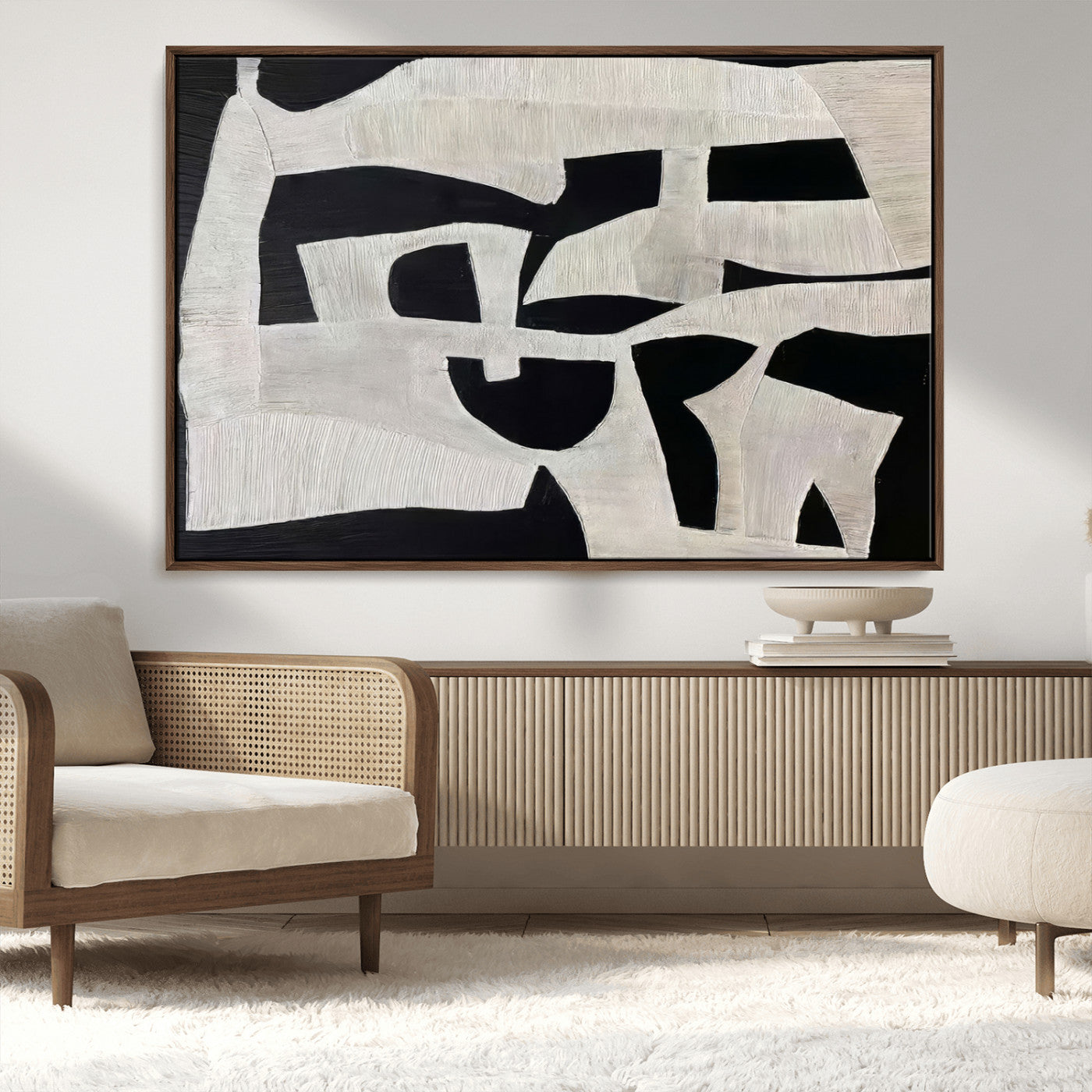 33714-MGV-CV-36X24-Monochrome Design Wall Art Canvas Print, Framed Modern Linework Art Picture Print, Textured Shapes Perfect Monochrome Modern Decor