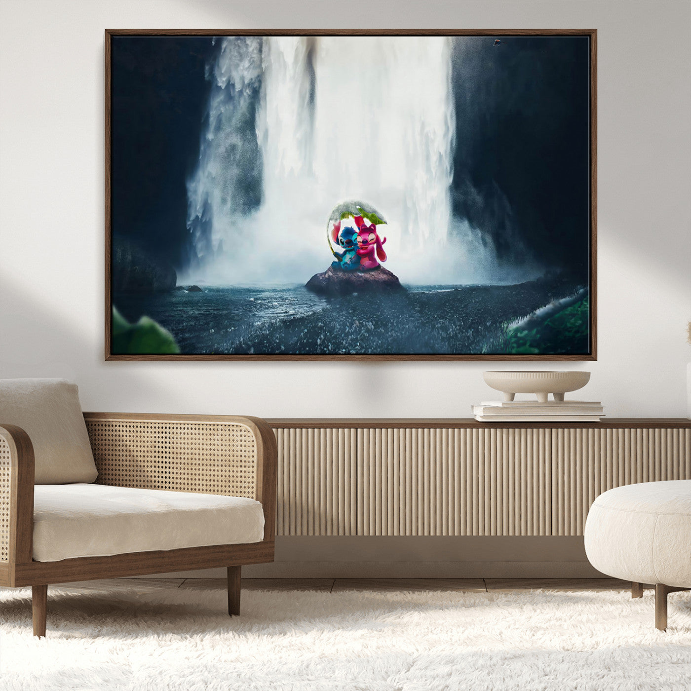 32259-MGV-CV-36X24-Stitch Angel Wall Art Canvas Print, Framed Stitch Waterfall Art Picture Print, Cartoon Couple Perfect Moody Fantasy Decor Artwork