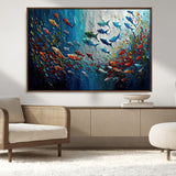 89626-MGV-CV-36X24-Fish Swarm Wall Art Canvas Print, Framed Abstract Ocean Art Picture Print, Underwater Life Perfect Vibrant Coastal Decor Artwork