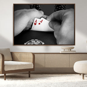 62460-MGV-CV-36X24-Poker Game Wall Art – Close Up of Hands Holding Aces with Chips, Casino Style Decor for Game Room, Man Cave or Office