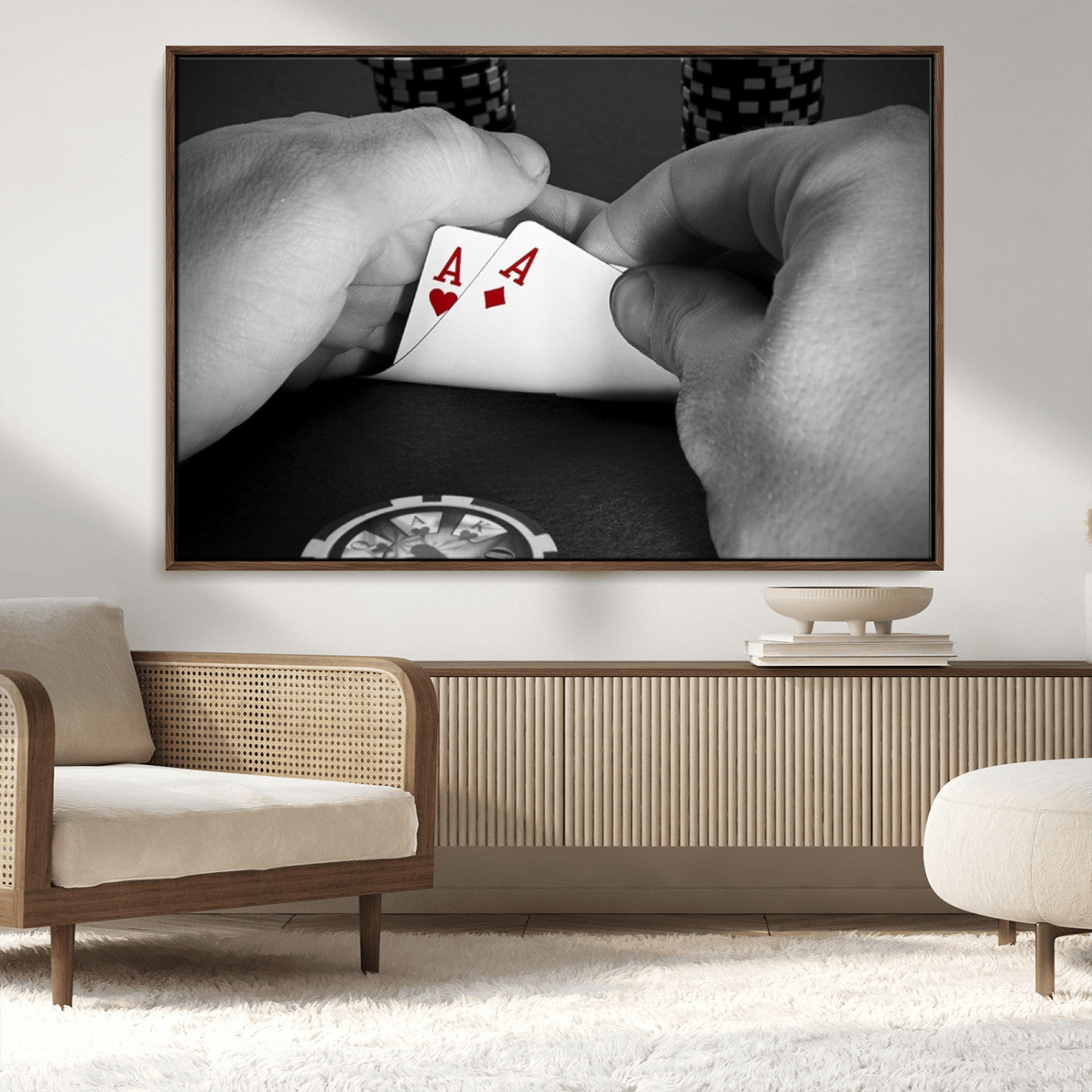 62460-MGV-CV-36X24-Poker Game Wall Art – Close Up of Hands Holding Aces with Chips, Casino Style Decor for Game Room, Man Cave or Office