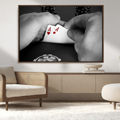 62460-MGV-CV-36X24-Poker Game Wall Art – Close Up of Hands Holding Aces with Chips, Casino Style Decor for Game Room, Man Cave or Office