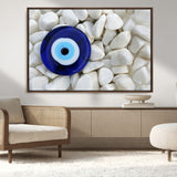 48883-MGV-CV-36X24-Evil Eye Wall Art – Deep Blue Symbol of Presence and Calm on White Stones, Subtle Spiritual Decor for Entryway, Studio, Office or
