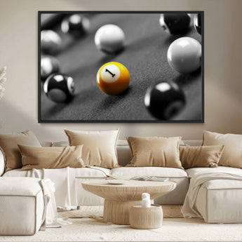 52108-MGV-CV-36X24-Precision Pool Table Wall Art – Close Up Yellow 1 Ball Canvas Print, Hand-Played Billiards Game Decor for Office, Game Room, or