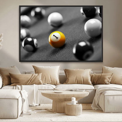 52108-MGV-CV-36X24-Precision Pool Table Wall Art – Close Up Yellow 1 Ball Canvas Print, Hand-Played Billiards Game Decor for Office, Game Room, or