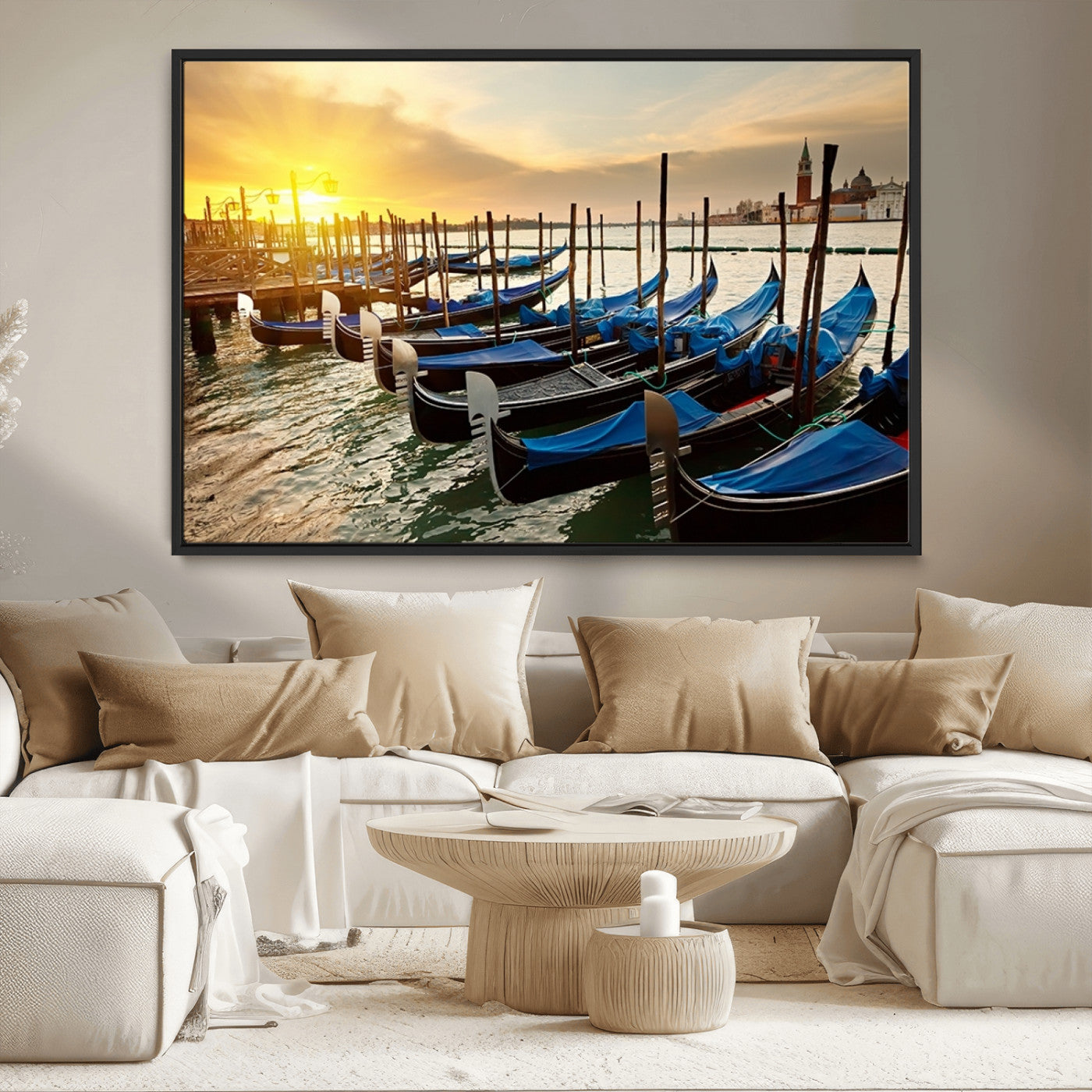 25872-MGV-CV-36X24-Venetian Gondola Dock Wall Art – Serene Sunset Canal Canvas Print, Tranquil Water Travel Decor for Office, Living Room, or Man