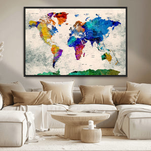 26333-MGV-CV-36X24-Vibrant World Map Canvas Wall Art – Colorful Abstract Map Print, Modern Travel Decor for Home or Office