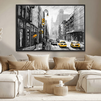 32362-MGV-CV-36X24-NYC Street Wall Art – Black and White Cityscape with Yellow Taxis and Umbrella Canvas Print, Urban Home Decor for Living Room or
