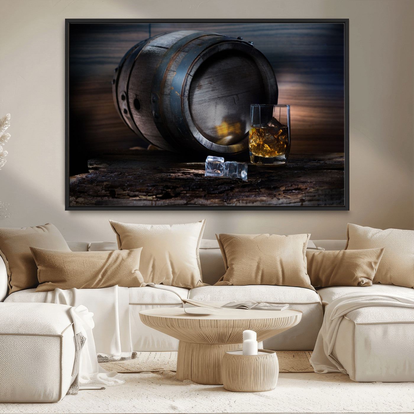 78049-MGV-CV-36X24-Whiskey Barrel Wall Art – Rustic Whiskey Barrel and Glass with Ice Canvas Print, Classic Bar or Lounge Decor for Home, Office, or