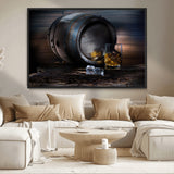 78049-MGV-CV-36X24-Whiskey Barrel Wall Art – Rustic Whiskey Barrel and Glass with Ice Canvas Print, Classic Bar or Lounge Decor for Home, Office, or