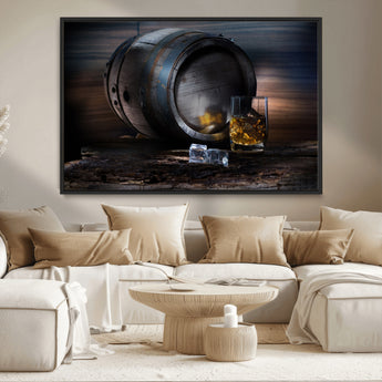 78049-MGV-CV-36X24-Whiskey Barrel Wall Art – Rustic Whiskey Barrel and Glass with Ice Canvas Print, Classic Bar or Lounge Decor for Home, Office, or