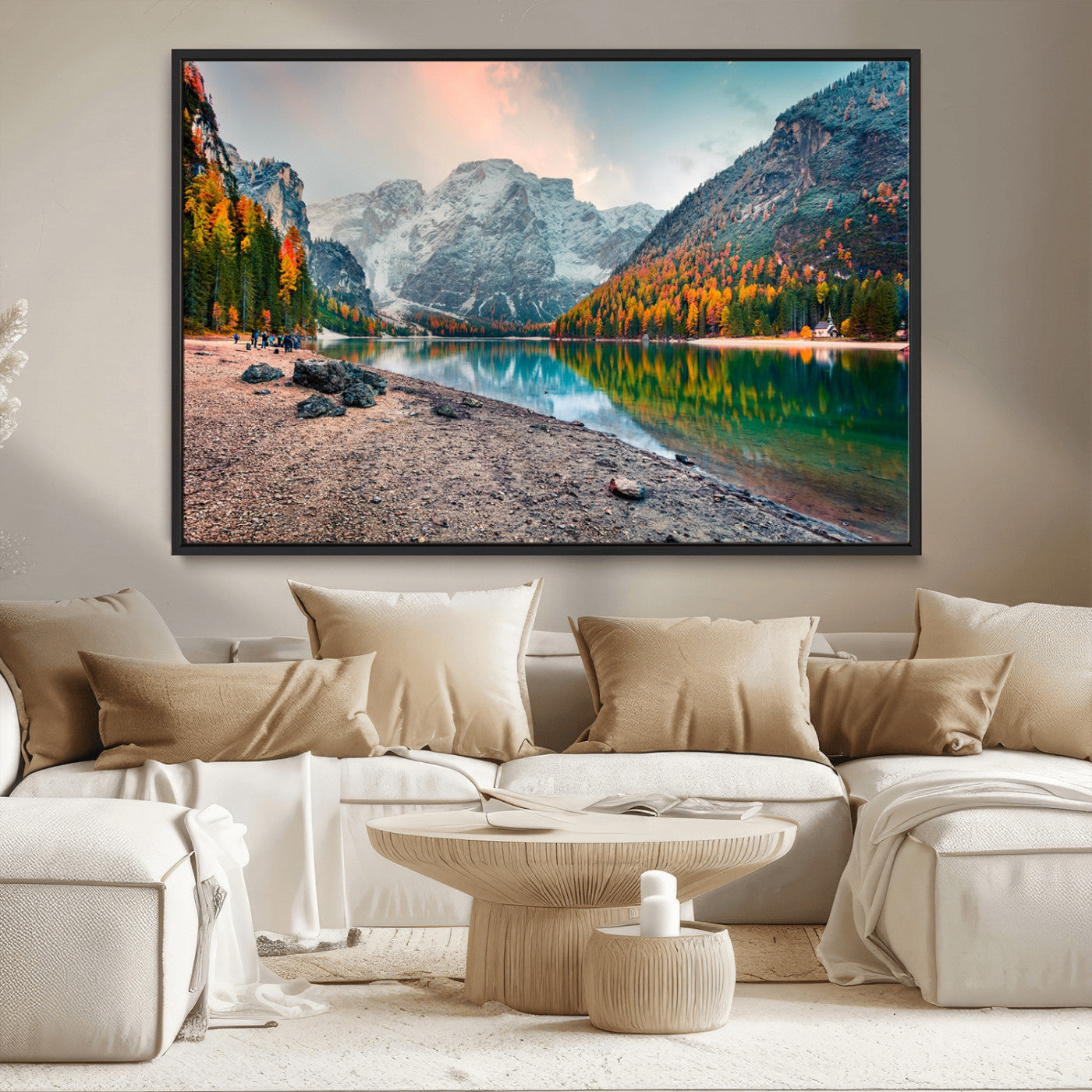 25982-MGV-CV-36X24-Autumn Mountain Lake Wall Art – Panoramic Fall Foliage and Snowy Peaks Canvas Print, Scenic Nature Decor for Living Room or Office