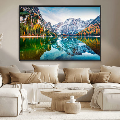 10402-MGV-CV-36X24-Snowy Mountain Lake Wall Art – Autumn Landscape Canvas Print with Reflection, Nature Decor for Living Room, Office, Bedroom or