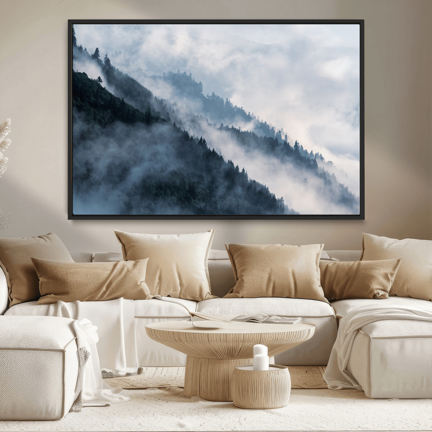 85737-MGV-FC-36X24_Black-Misty Mountain Wall Art – Atmospheric Pine Forest Canvas Print with Fog and Mist, Calm Nature Decor for Living Room, Bedroom,