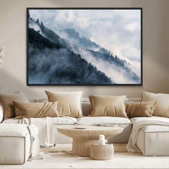 85737-MGV-FC-36X24_Black-Misty Mountain Wall Art – Atmospheric Pine Forest Canvas Print with Fog and Mist, Calm Nature Decor for Living Room, Bedroom,