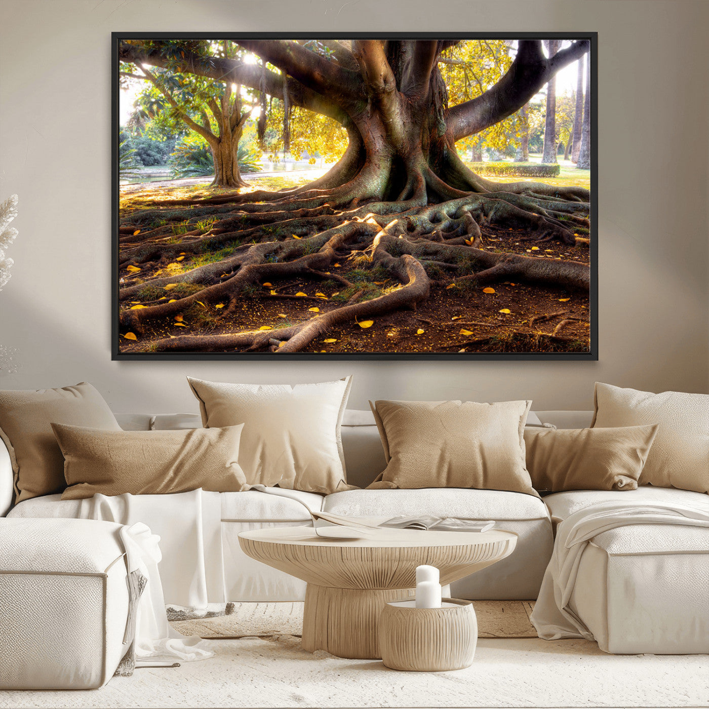 53335-MGV-CV-36X24-Majestic Tree with Sprawling Roots Wall Art – Serene Sunlit Park Scene, Nature Canvas Print, Perfect for Living Room, Office or