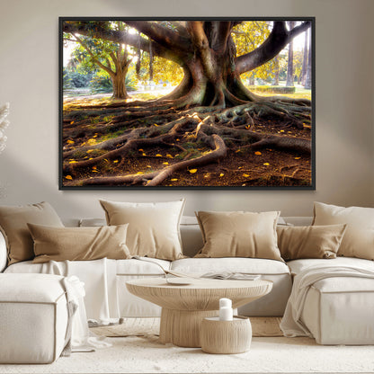 53335-MGV-CV-36X24-Majestic Tree with Sprawling Roots Wall Art – Serene Sunlit Park Scene, Nature Canvas Print, Perfect for Living Room, Office or