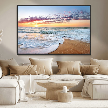 39560-MGV-CV-36X24-Sunrise Beach Wall Art – Vibrant Ocean Waves and Golden Sand Canvas Print, Seaside Coastal Decor for Living Room, Bedroom or