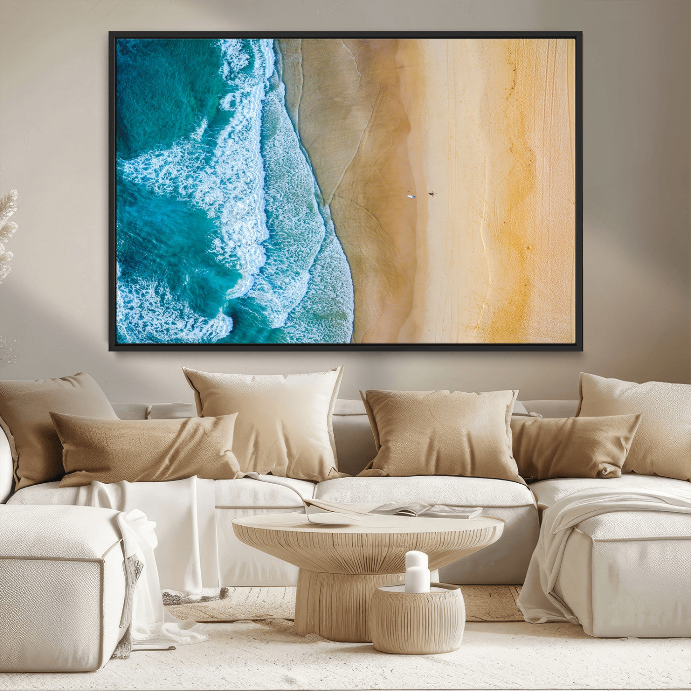 46640-MGV-CV-36X24-Aerial Beach Wall Art – Turquoise Waves and Golden Sand Canvas Print with Lone Surfer, Coastal Ocean Decor for Living Room,