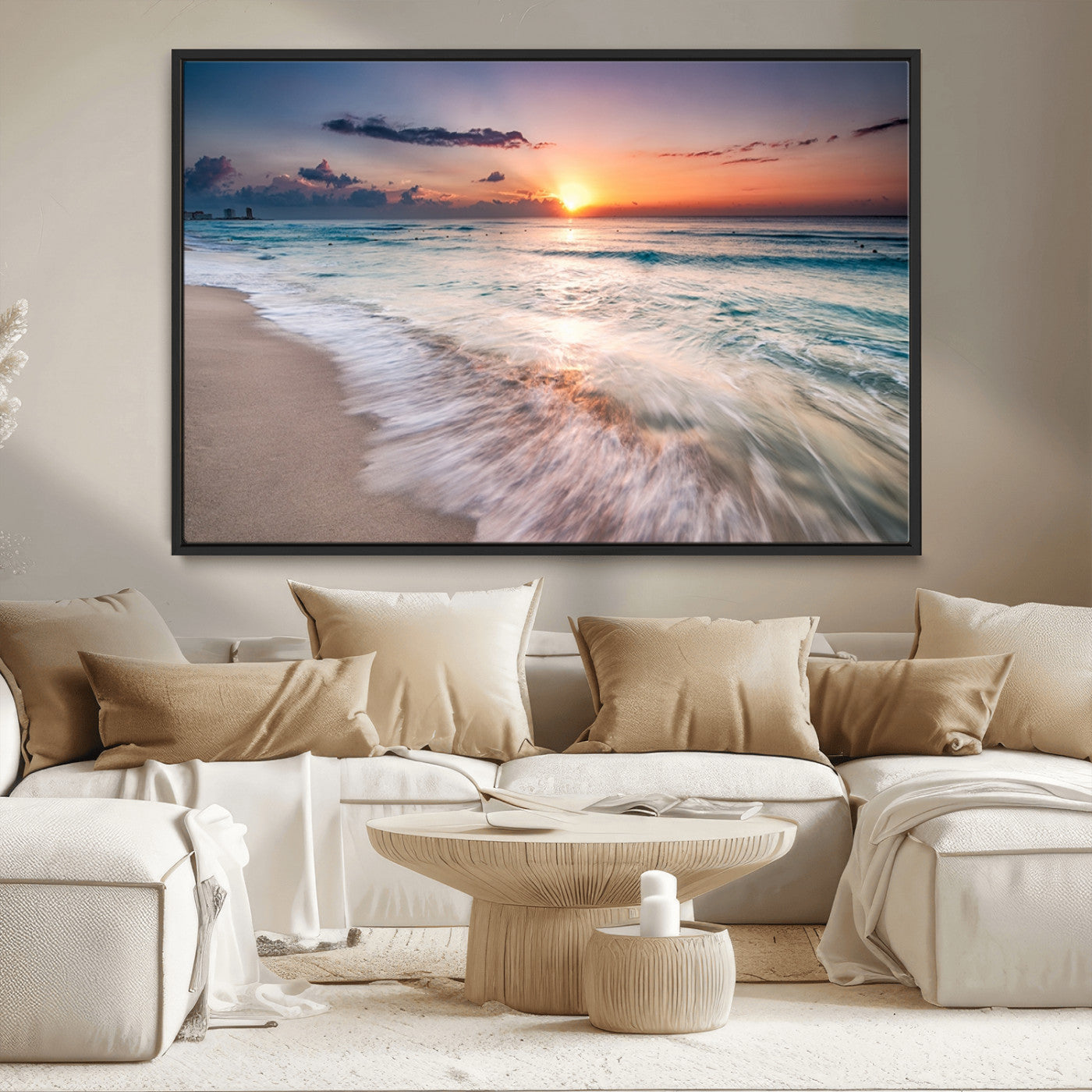 71849-MGV-CV-36X24-Sunrise Ocean Beach Wall Art – Serene Seascape Canvas Print with Gentle Waves, Coastal Nature Decor for Bedroom, Living Room or