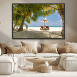 83601-MGV-CV-36X24-Tropical Beach Wall Art – Serene Palm Trees and Lounge Chairs Canvas Print, Relaxing Coastal Decor for Living Room, Bedroom or