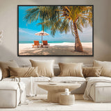 69754-MGV-CV-36X24-Tropical Beach Wall Art – Relaxing Palm Tree and Lounge Chairs Canvas Print, Serene Coastal Decor for Living Room, Bedroom, Office