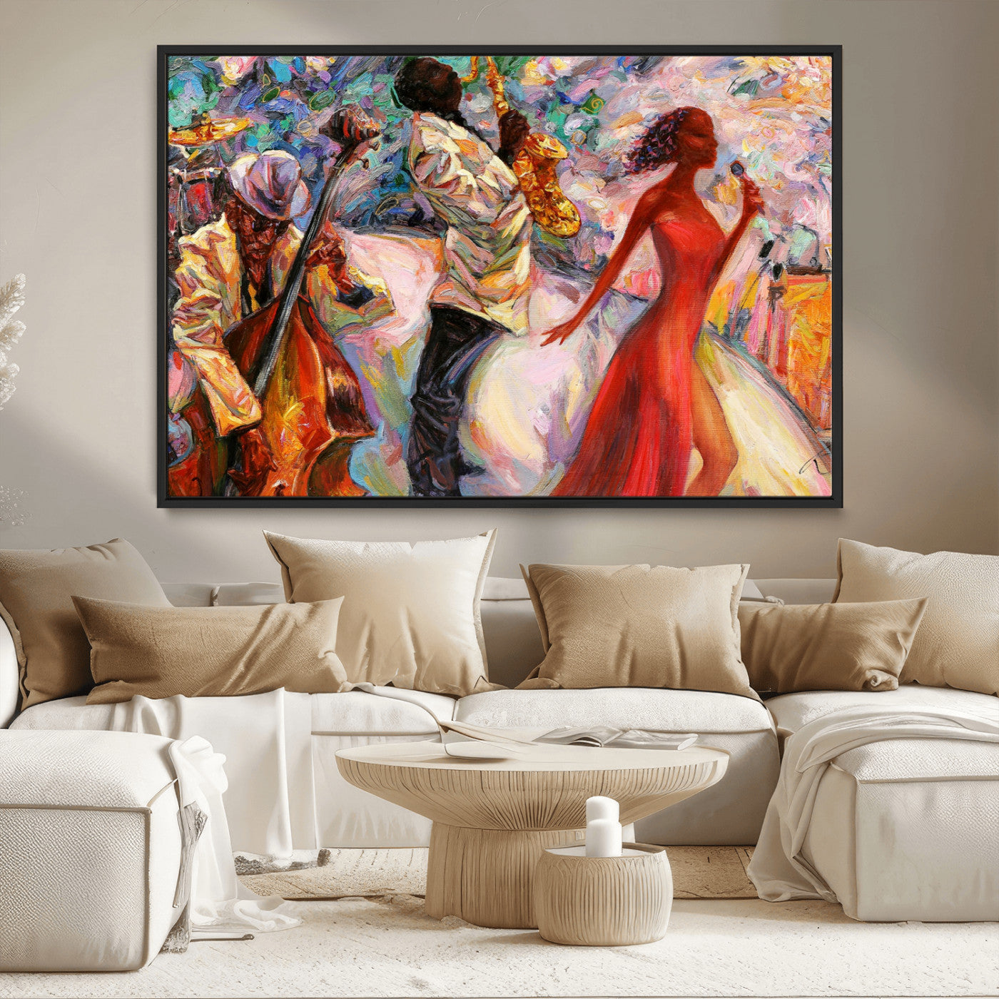 39004-MGV-CV-36X24-Jazz Music Wall Art – Colorful Abstract Canvas Triptych Featuring Saxophone, Singer and Bass, Vibrant Musician Painting for Living
