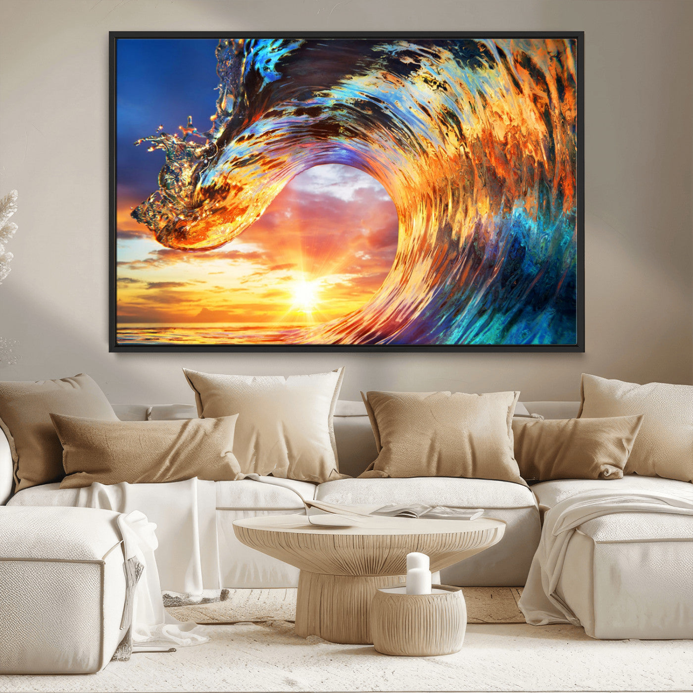 52890-MGV-CV-36X24-Surfing Wave Wall Art Canvas Print, Framed Sunset Ocean Art Picture Print, Ocean Wave Perfect Nautical Decor Artwork