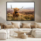 79391-MGV-CV-36X24-Majestic Highland Cow in Misty Scottish Moorland – Rustic Natural Charm, Perfect for Unique Home or Office Decor