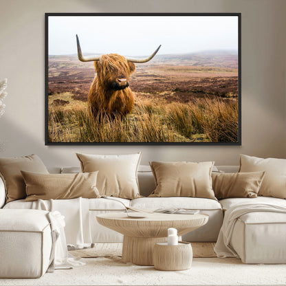 79391-MGV-CV-36X24-Majestic Highland Cow in Misty Scottish Moorland – Rustic Natural Charm, Perfect for Unique Home or Office Decor
