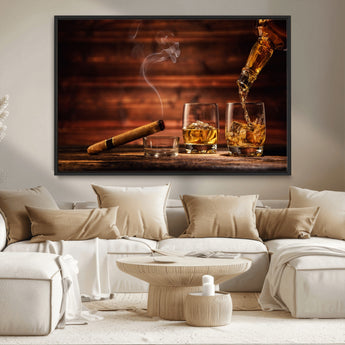 41139-MGV-CV-36X24-Whiskey and Cigar Still Life – Glasses with Ice and Pouring Amber Drink on Wooden Table with Smoke, Elegant Bar or Lounge Wall