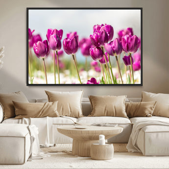30632-MGV-CV-36X24-Purple Tulip Field Wall Art – Beautiful Spring Flowers Canvas Print with Soft Focus and Bright Sky, Ideal Floral Decor for Home or