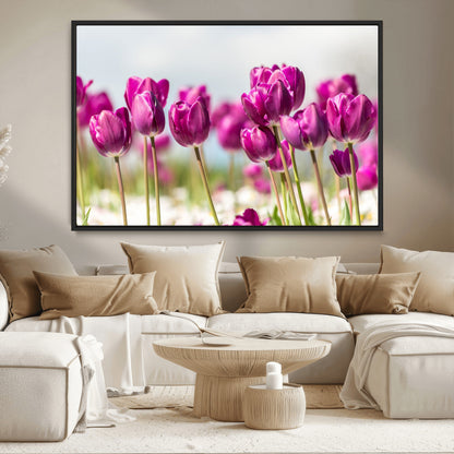 30632-MGV-CV-36X24-Purple Tulip Field Wall Art – Beautiful Spring Flowers Canvas Print with Soft Focus and Bright Sky, Ideal Floral Decor for Home or