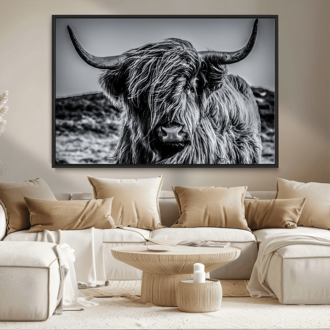 97372-MGV-CV-36X24-Elegant Highland Cow Wall Art – Black and White Canvas Print, Rustic Nature Decor for Home, Office, Living Room or Man Cave