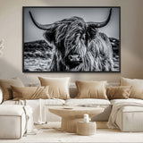 97372-MGV-CV-36X24-Elegant Highland Cow Wall Art – Black and White Canvas Print, Rustic Nature Decor for Home, Office, Living Room or Man Cave