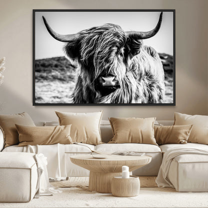 36979-MGV-CV-36X24-Striking black-and-white portrait of a Highland cow with flowing fur and majestic horns, perfect for rustic and elegant home or